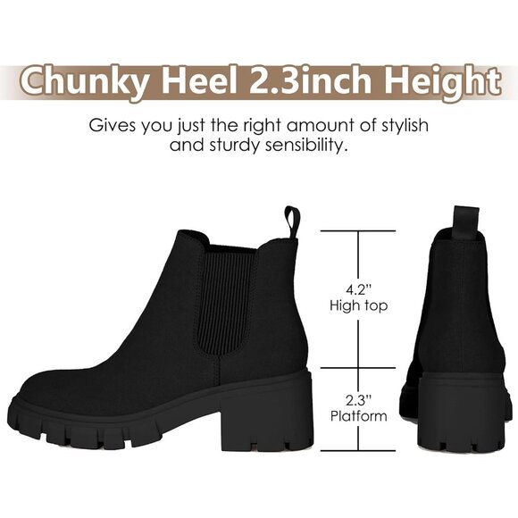 Women Chelsea Black Suede Boot Fashion Lug Sole Chunky Heel Slip On Ankle Bootie - Picture 3 of 6
